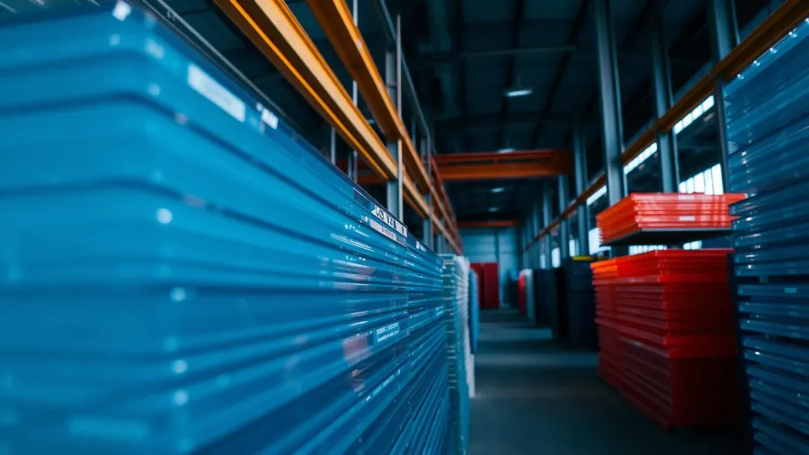 Stacked acrylic and polycarbonate sheets in a Plastics Direct warehouse