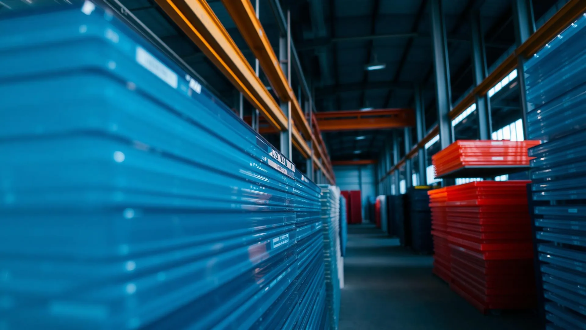 Stacked acrylic and polycarbonate sheets in a Plastics Direct warehouse
